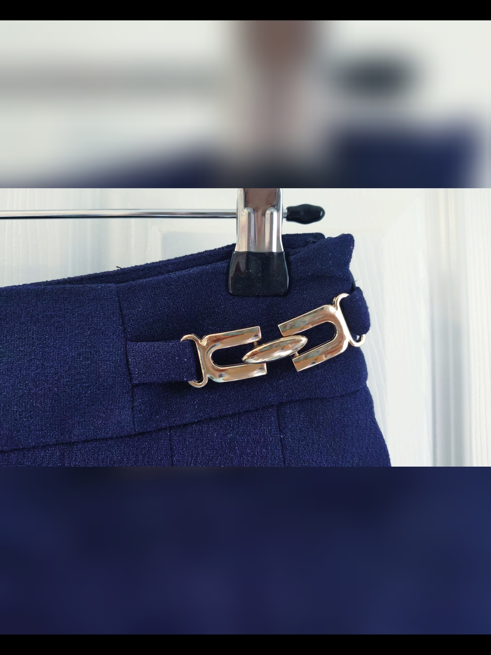 Navy Pleated Mini Skirt with Gold Buckle Accents - Picture 4 of 7